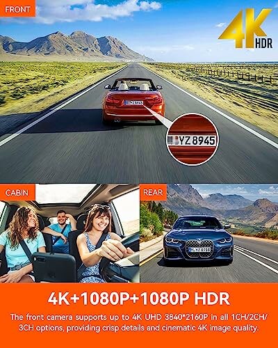 4K HDR dash cam features with front, cabin, and rear views.