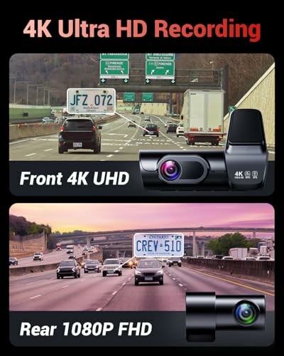 4K Ultra HD dashcam displaying front and rear road views.