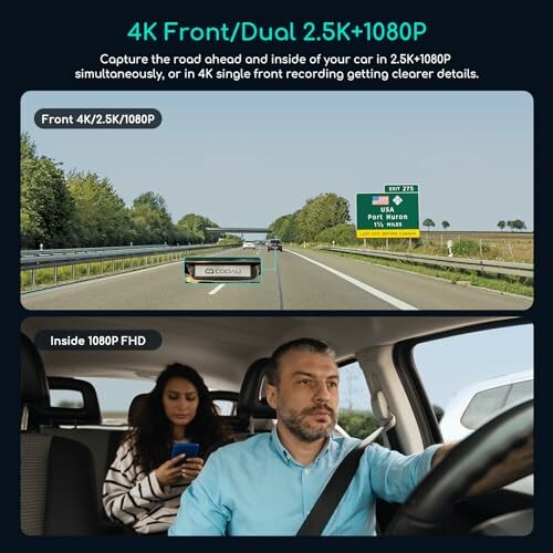 Car dashboard camera showing 4K front and dual 2.5K+1080P recording.