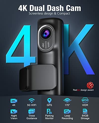 4K Dual Dash Cam with features like 5G Wi-Fi, GPS, night vision, and 64GB storage.