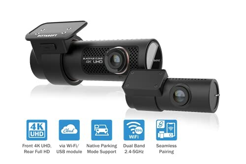 4K UHD dual channel dashcam with WiFi and parking mode.