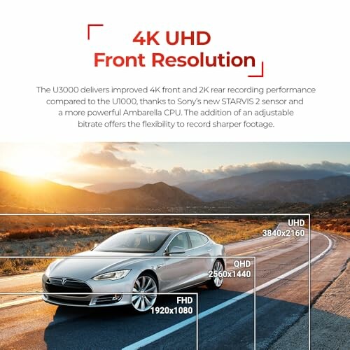 Car on road with 4K UHD front resolution display.