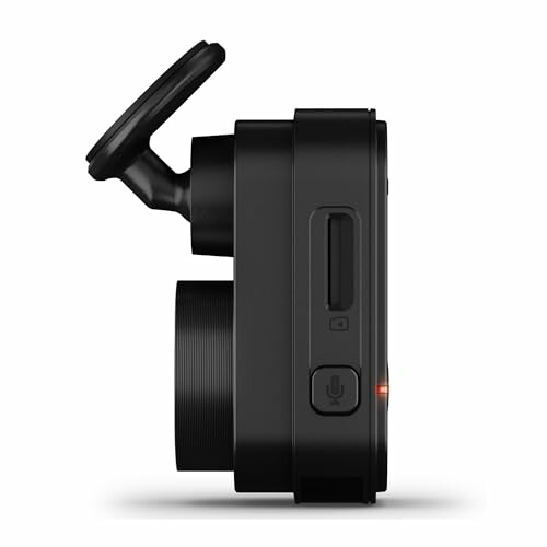 Side view of a black action camera with adjustable mount.