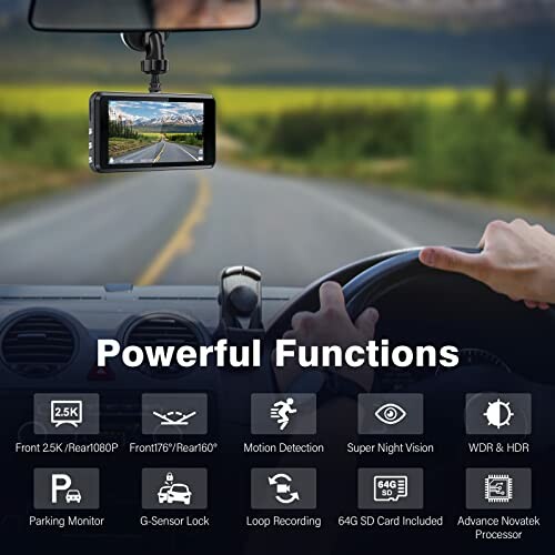 Car dashboard camera with multiple features displayed.