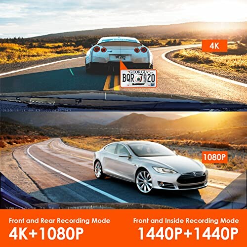 Dashcam footage showing cars on a scenic road with options for 4K and 1080P recording modes.