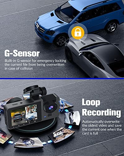 Dashcam features including G-sensor for collision and loop recording for automatic overwrite.