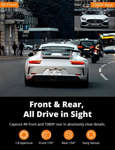 Promotional image for car dashcam featuring a white sports car on a city street with front and rear camera specifications.