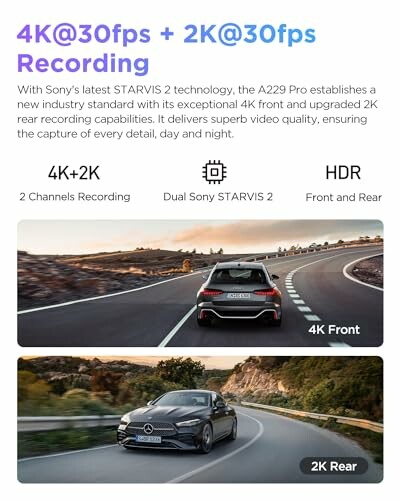 Two cars on roads showcasing 4K and 2K recording capabilities.