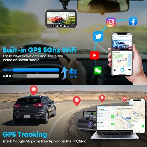 Car GPS device with social media sharing and tracking features.