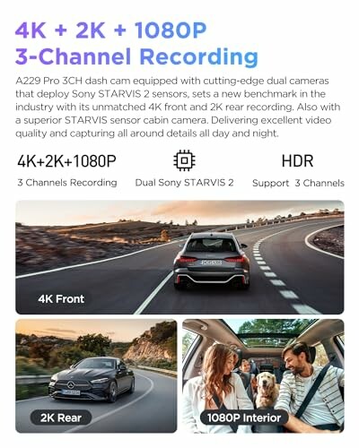 Dash cam with 4K front, 2K rear, and 1080P interior recording