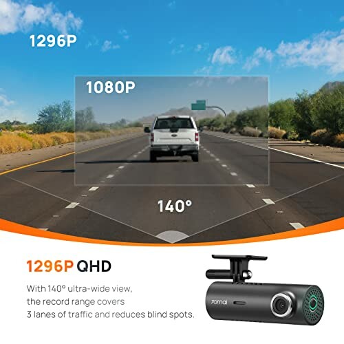 Dash camera displaying 1296P QHD video quality with 140-degree wide view on highway.