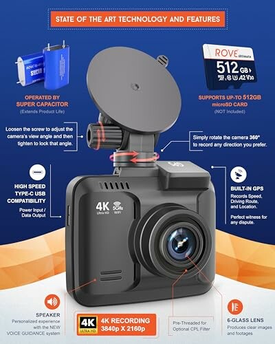 4K dashcam with GPS, WiFi, and 512GB microSD support