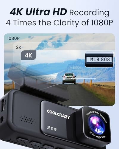 Dashcam displaying 4K ultra HD recording with mountain road view.