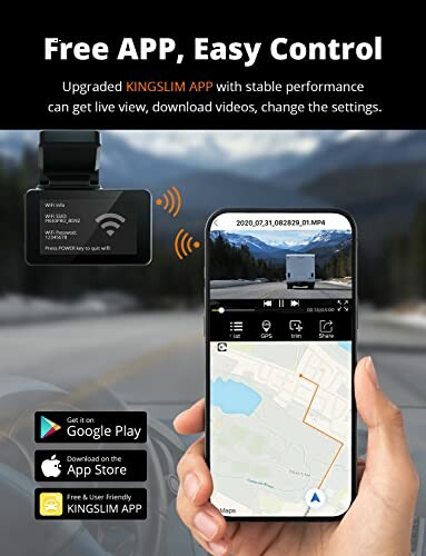 Dashcam app display with phone showing live view and controls.