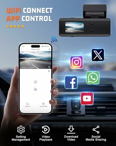 Smartphone controlling dashcam via app with social media sharing options.