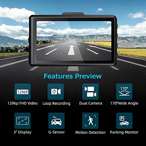 Dashcam display showing road with features like FHD Video, Loop Recording, Dual Camera, Wide Angle, G-Sensor, Motion Detection, Parking Monitor.