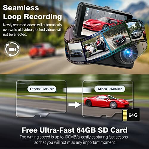 Dashcam with loop recording and 64GB SD card feature.