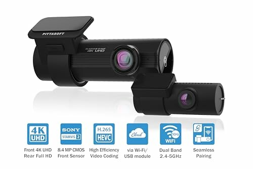 Pittasoft 4K UHD dashcam with rear camera and features icons