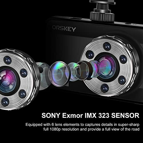 Dashcam with Sony Exmor IMX 323 sensor and six lens elements for full 1080p resolution.