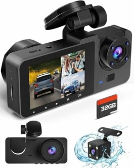 Dual lens dashcam with 32GB memory card and waterproof rear camera.