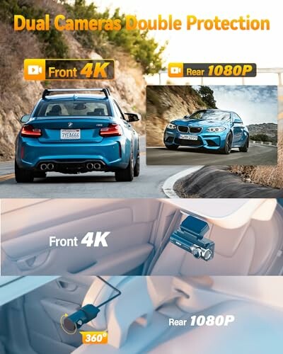 Dual cameras showing front 4K and rear 1080P views in a car.