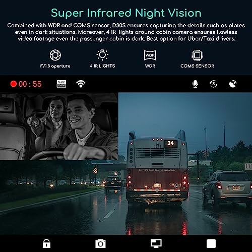 Infrared night vision camera features for vehicles, displaying interior and exterior views.