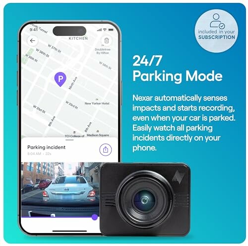 Nexar app showing parking mode feature on a smartphone with a camera.