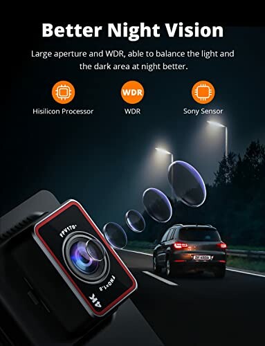 Camera with night vision features, large aperture, WDR, Hisilicon processor, Sony sensor, and a car on a road at night.