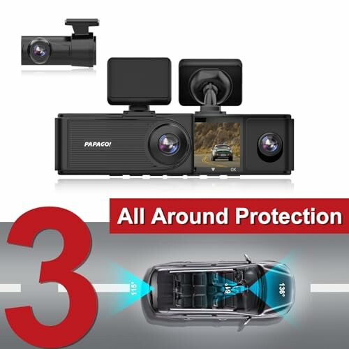 Papaco dashcam with three-way protection showing front, inside, and rear views.