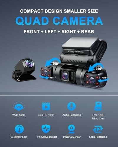 Quad camera with compact design featuring 360-degree coverage and FHD 1080P resolution.