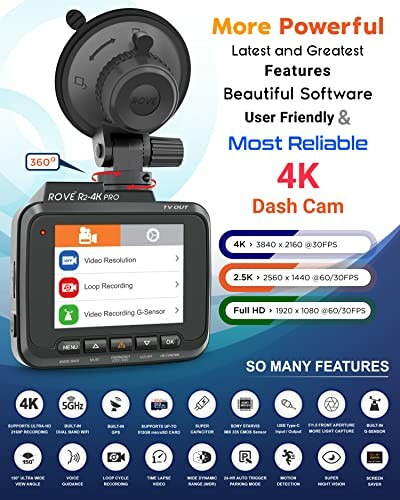 Rove R2-4K Pro dash cam advertisement highlighting features like 4K resolution and user-friendly software.