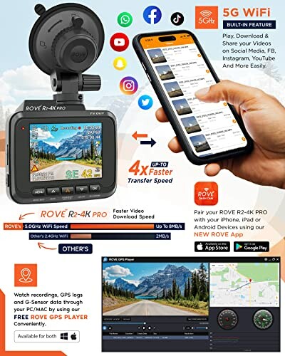 Rove R2-4K Pro dash cam with 5G WiFi and smartphone integration