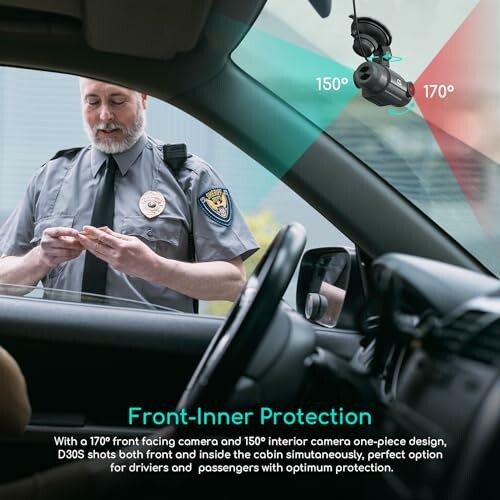 Security officer checking driver's ID with dashcam view