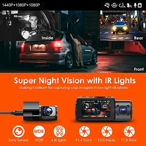 Dash camera with super night vision and IR lights for clear imagery in low light.