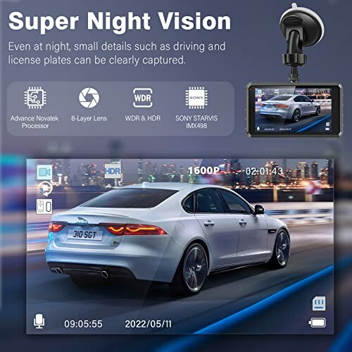 Dashcam with super night vision captures car details at night.