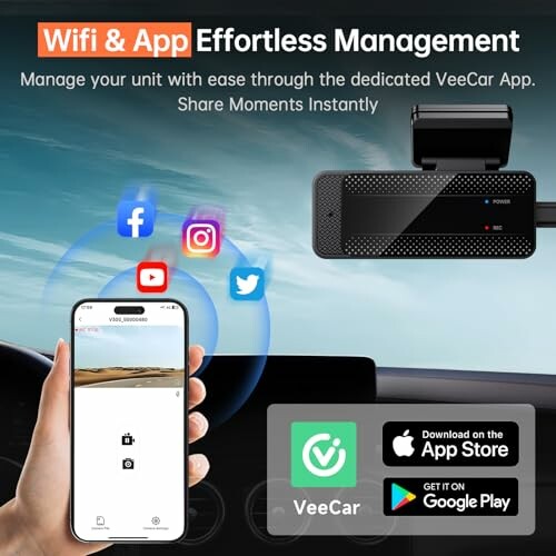 VeeCar app interface for effortless management with social media sharing options.