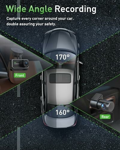 Diagram showing wide angle recording for car with front and rear cameras.